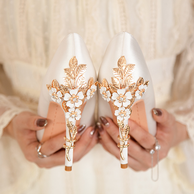 Women Shoes Ysl - Luxury Metal Flowers Heel Crystal Bridal